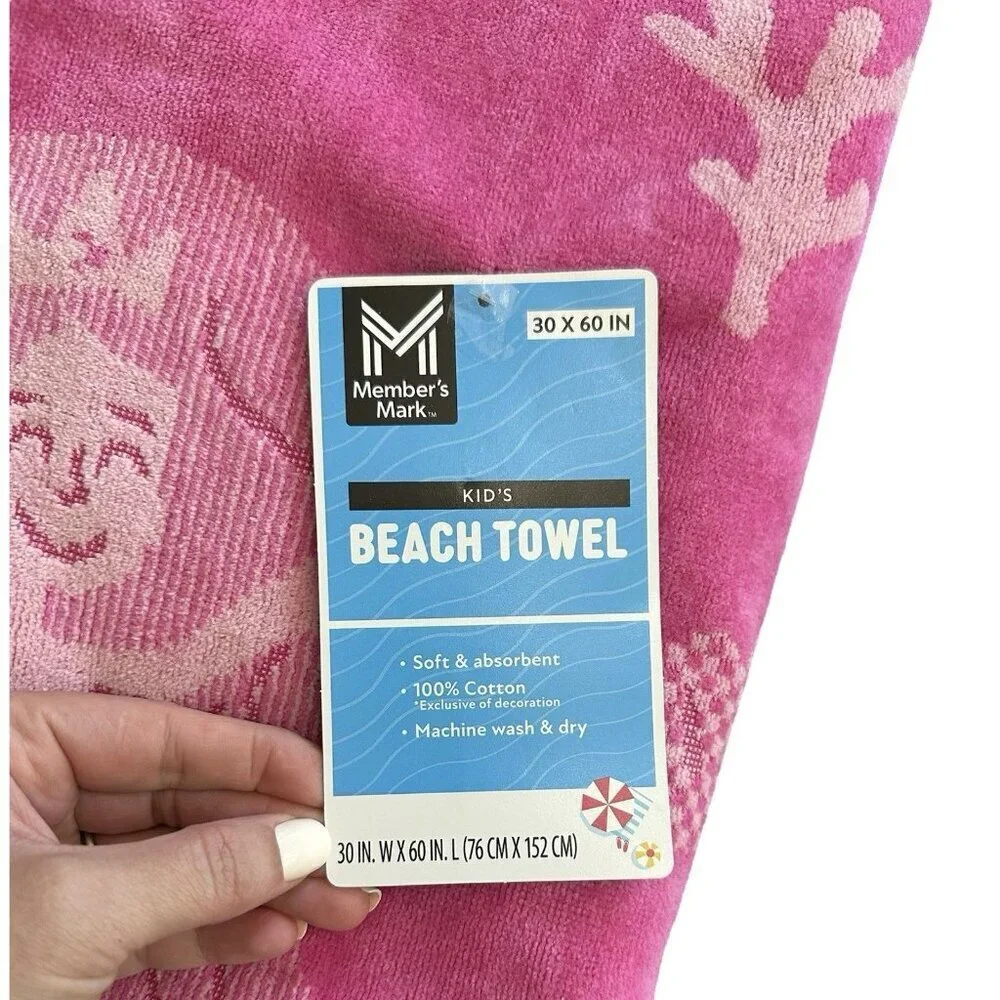NWT Member's Mark Beach Towel 30x60 Girl’s Cotton Mermaid Pink